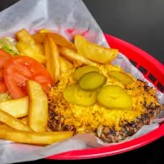 Lee's Hamburgers open face burger with fries and condiments