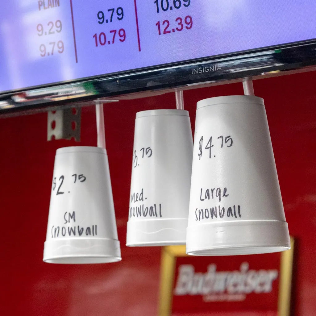 Cups displaying snowball sizes at Lee's Hamburgers